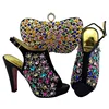Black Color High Heel italian shoes and bag set with stones Beautiful party shoes bag set Pu Material shoes to match bag