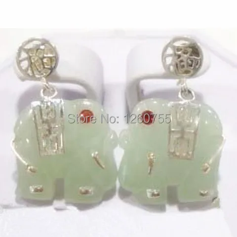 CHAR green jade crystal Elephant Dangle 925 sterling silver '' luck ''Earring #E-120 free shipping !