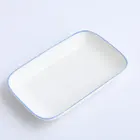Wholesale cheap rectangle ceramic white dinner used airline plate with blue rim for restaurant