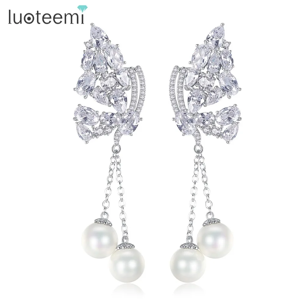 

LUOTEEMI Women Wedding Jewelry Silver Color Fashion CZ Crystal Butterfly With Synthetic Pearl Long Dangle Drop Earrings