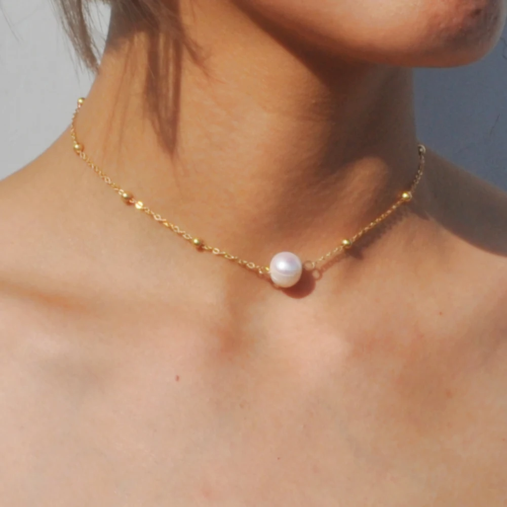 

Artilady Bridesmaids gift 8mm cream freshwater single white pearl Choker necklace, Gold plated