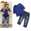 Kid frock designs girls' clothing sets with top and hole jeans