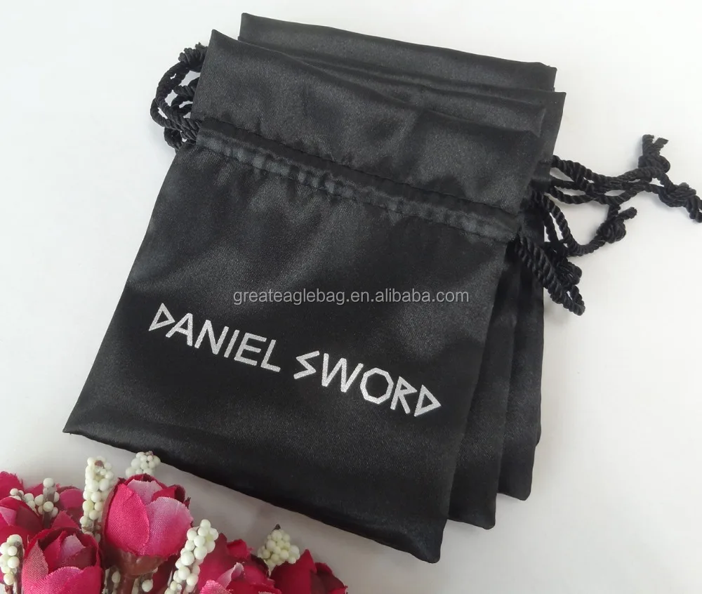 Merchandising products custom made printed black jewellery pink satin pouch