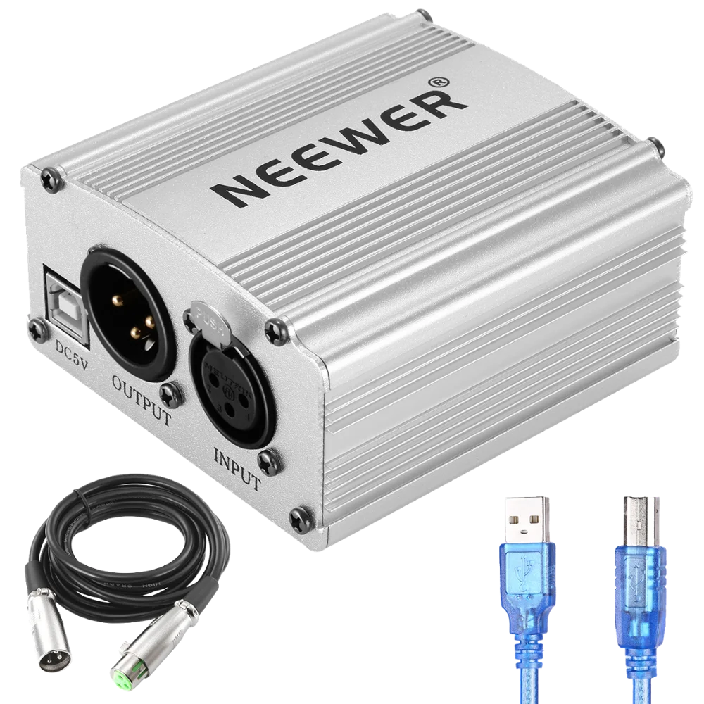 

Neewer 1-Channel 48V Phantom Power Supply with 5 feet USB Cable, BONUS+XLR 3 Pin Microphone Cable for Any Condenser Microphone, Silver