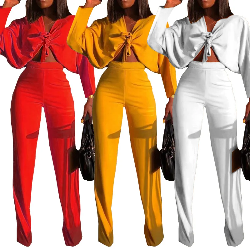 Streetwear 2 Piece Outfits Short Trumpet Sleeve Sweat Suits Casual Women Short Top And Slim Pant Set Two Piece Clothes EZL1086
Streetwear 2 Piece Outfits Short Trumpet Sleeve Sweat Suits Casual Women Short Top And Slim Pant Set Two Piece Clothes EZL1086