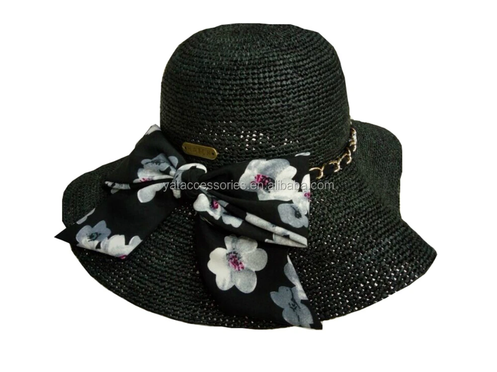 women black color raffia crocheted straw hats, summer sun beach