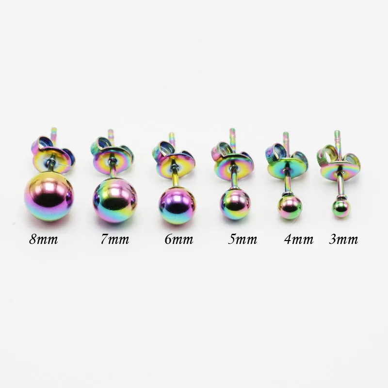 1Pair Fashion Men's Stud Earrings Simple Small Ball Ear Studs For Women Stainless Steel Silver Black Rose Gold Rainbow 3-8mm New3
