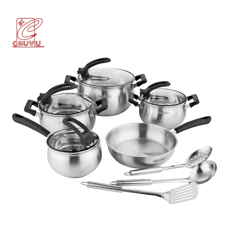 

12 pcs stainless steel custom pots and pans sets hot sales cooking pot kitchenware set with 3 kitchen tools