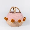 Pompom woven belly seagrass cotton rope storage basket with handles