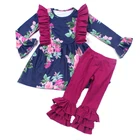 Boutique wholesale girls set flower printed ruffle dress and ruffle bottom pant kids clothes girls dress set
