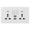 13A 2 Gang MF Switched Socket With Neon , Dual USB Outlet Electrical Switch Socket