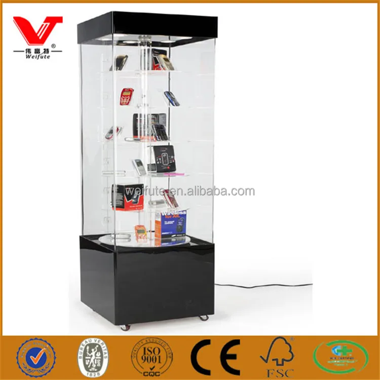 Rotating Acrylic Display Case With Motorized Shelves & Mirror Base