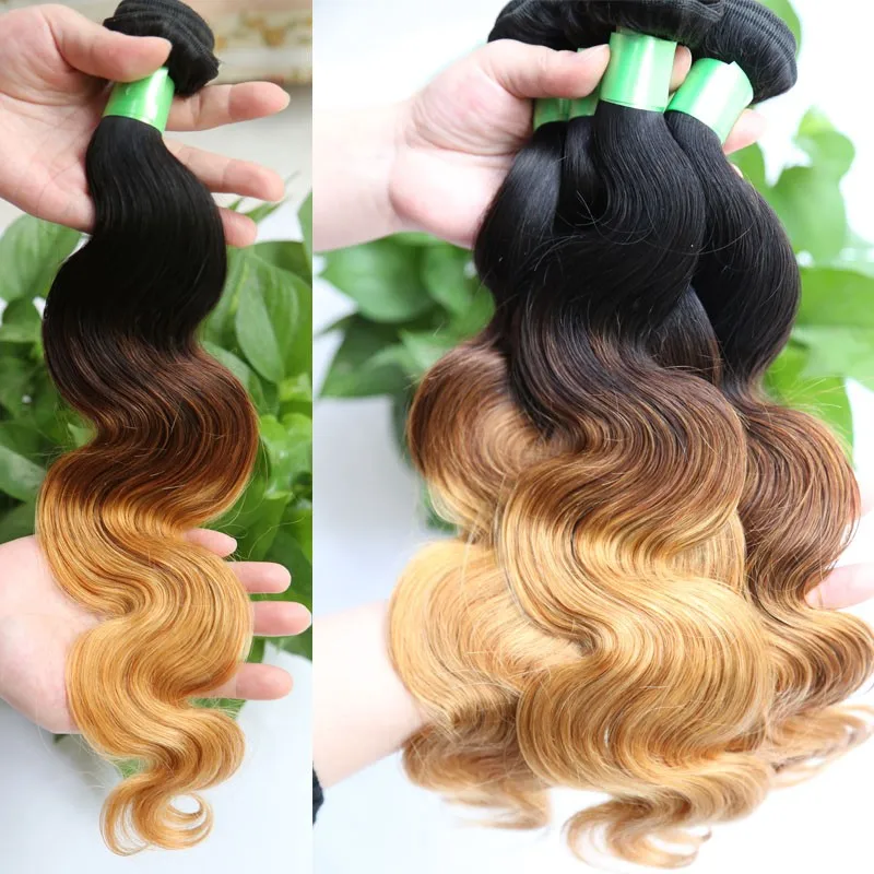 wholesale hair 100% remy #1b/4/27 three tone sew in human hair weave ombre hair