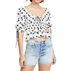 Women Summer Ruffle Hem Polka Dot Print Crop Top Short Puff Sleeve Blouse