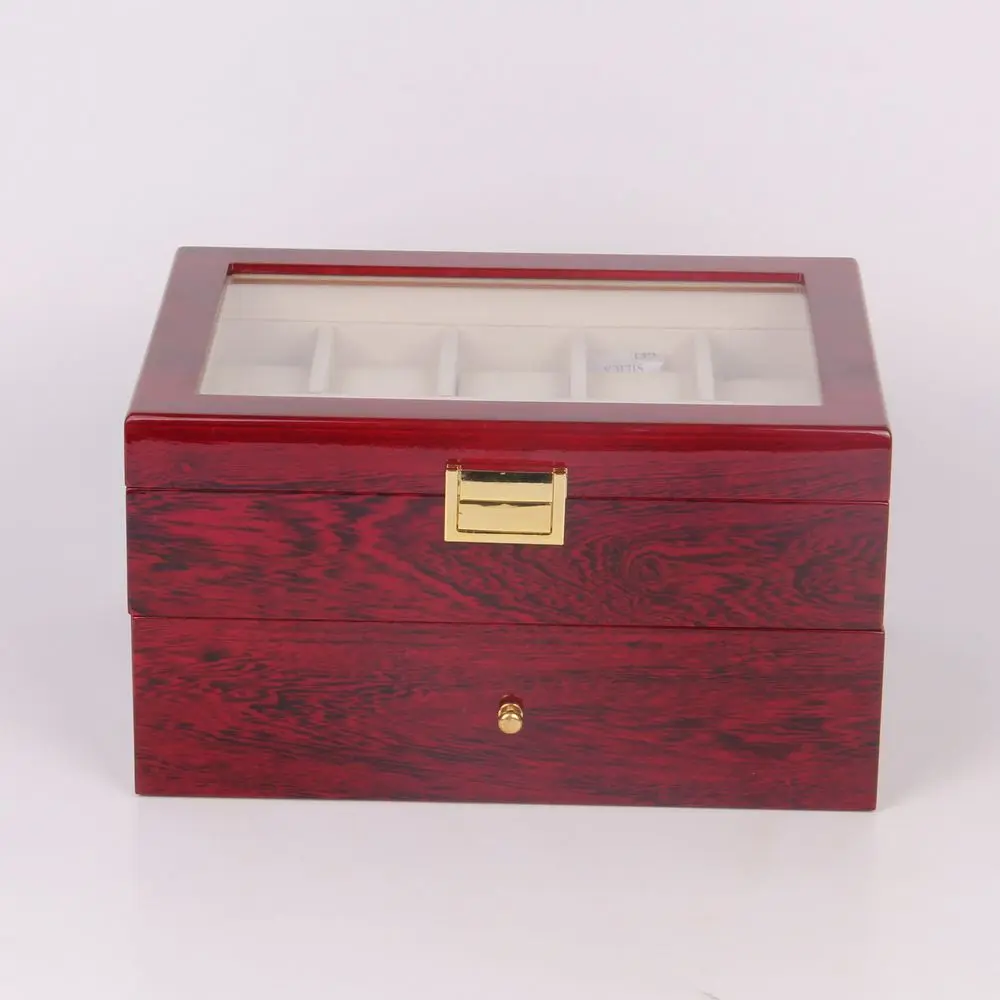 20 slots top grad red watch jewel case,wood watch display box with acrylic lid and a drawer