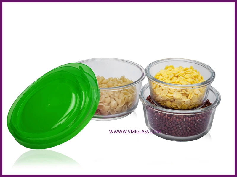 熱い販売の!!! 3個クリアガラス真空食品保存容器プラスチックカバー付き/蓋付きガラスのボウルのセット仕入れ・メーカー・工場