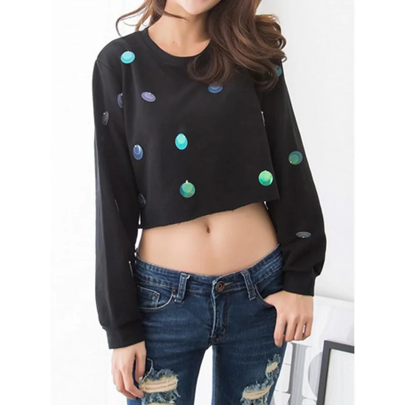 CHOIES Women Crop Top Black Round Neck Polka Dot Sequined Long Sleeve Short 2015 Autumn New Fashion Casual Sweatshirt