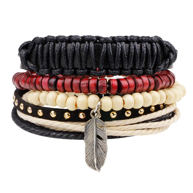 Pure manual weaving hand catenary alloy feather bracelet wood beads beaded man leather bracelet
Pure manual weaving hand catenary alloy feather bracelet wood beads beaded man leather bracelet