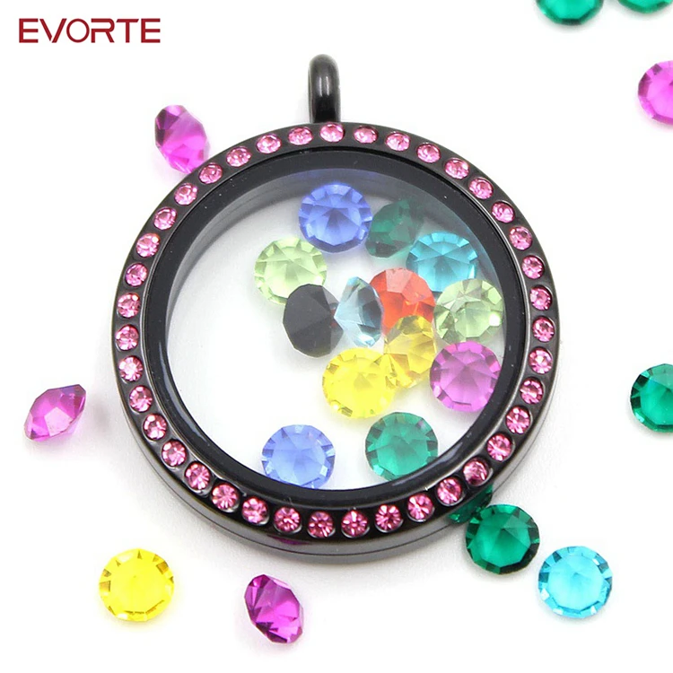 

Wholesale Stainless Steel Round Magnetic Closure Czech Crystal Glass Floating Photo Living Memory Locket Pendant, Black