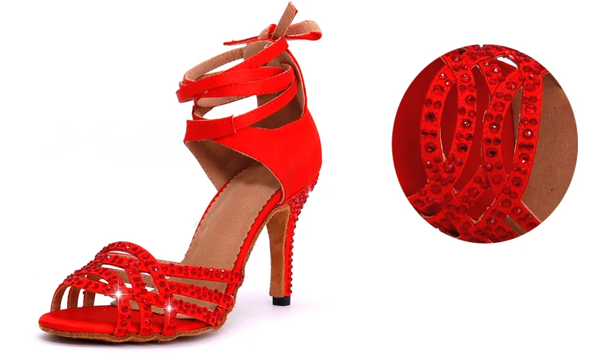 Spot Hot sale Ladies Latin Dance Shoes High Heels Salsa Dancing Red Satin Rhinestone Style Shoes Heel 10cm