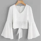 2019 Hot Selling White Casual Plain Solid Color V Neck Flare Sleeve Tops and Blouses For Women