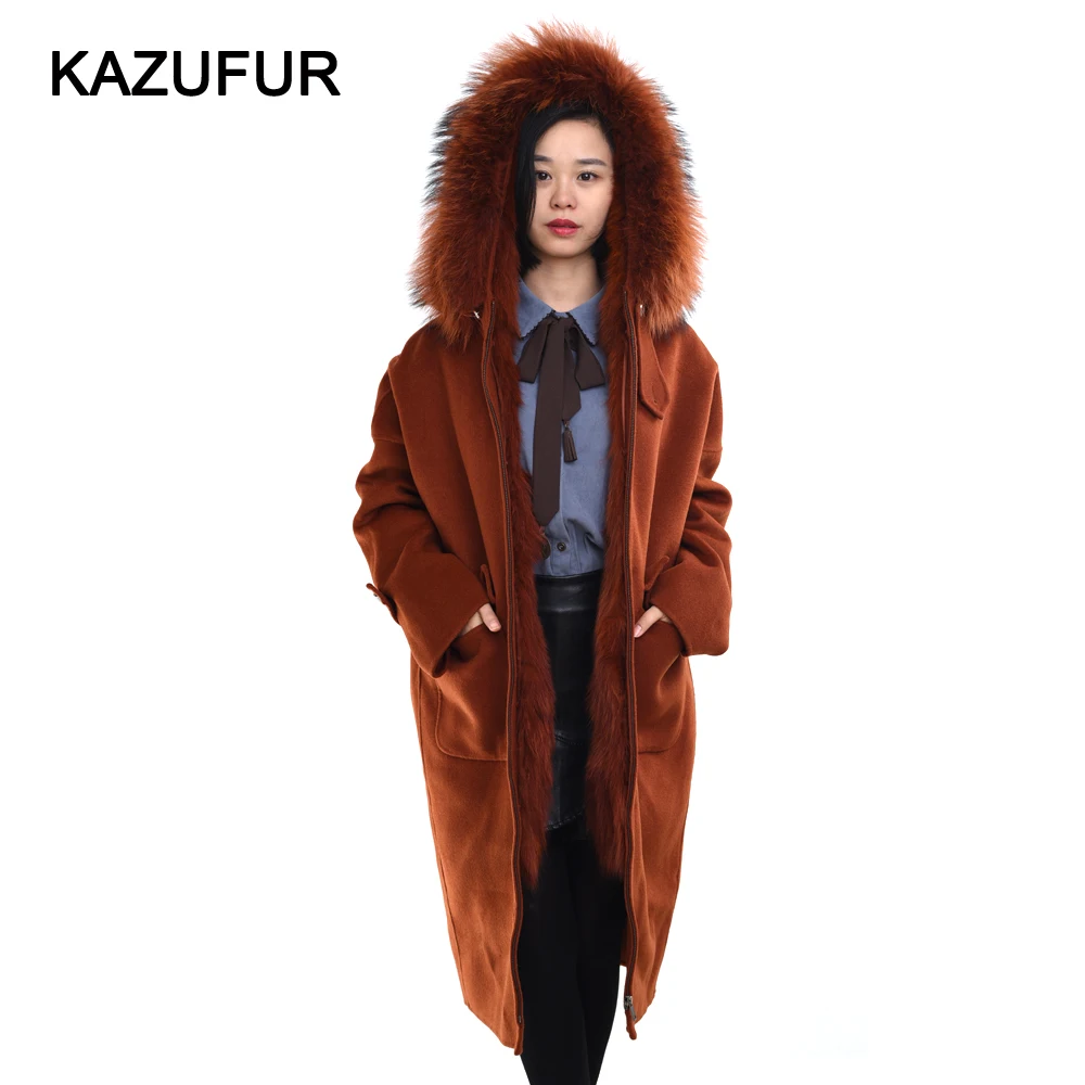 KZ160388 High Quality Woolen Fabric Parka Fox Lined Fur Parka Coat