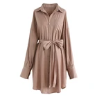 Women Summer Long Sleeve Midi Clothing Loose Chic Belted Shirt Dress