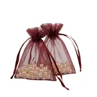 9x12 cm red wine small round organza pouch with tassels drawstring