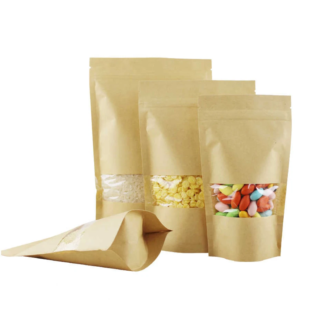 Food Brown Stand Up Kraft Paper Zip Bags With Matte Window Reclosable