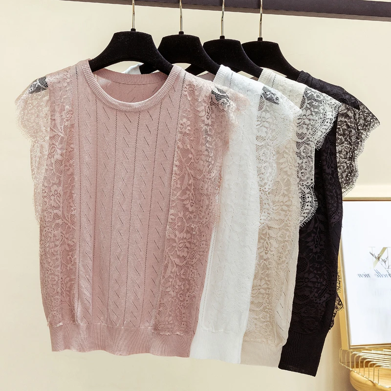 Summer New Vintage Solid Lace Round Collar Tops Tee Hollow Short Knitted Sweater Sleeveless Bottomless Women Tops
Summer New Vintage Solid Lace Round Collar Tops Tee Hollow Short Knitted Sweater Sleeveless Bottomless Women Tops