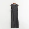 High strech grey color sleeveless sexy button up wrap ladies long knit dress