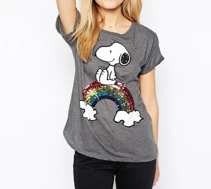 Rainbow Sequins T-shirts Women Cartoon Dog Print T Shirt Women Loose grey Tops Short Sleeve Round Collar 2015 Casual Spring tees