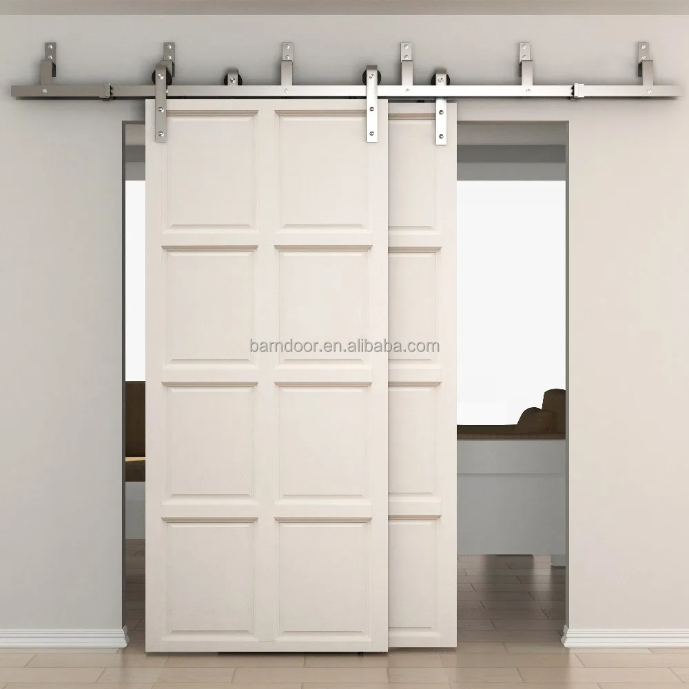Meijia Barn Style White Paint Finish Double Sided Sliding Solid Wood Panel Door Design