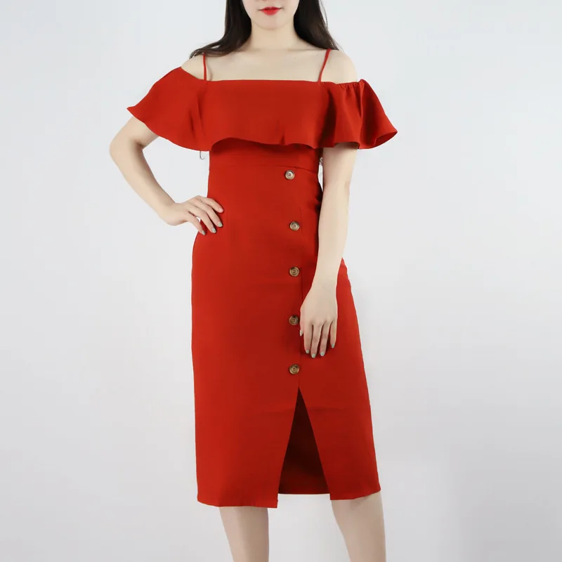 Clothes manufacturers women' strap front split single button midi shift dresses, Red;green
Clothes manufacturers women' strap front split single button midi shift dresses, Red;green