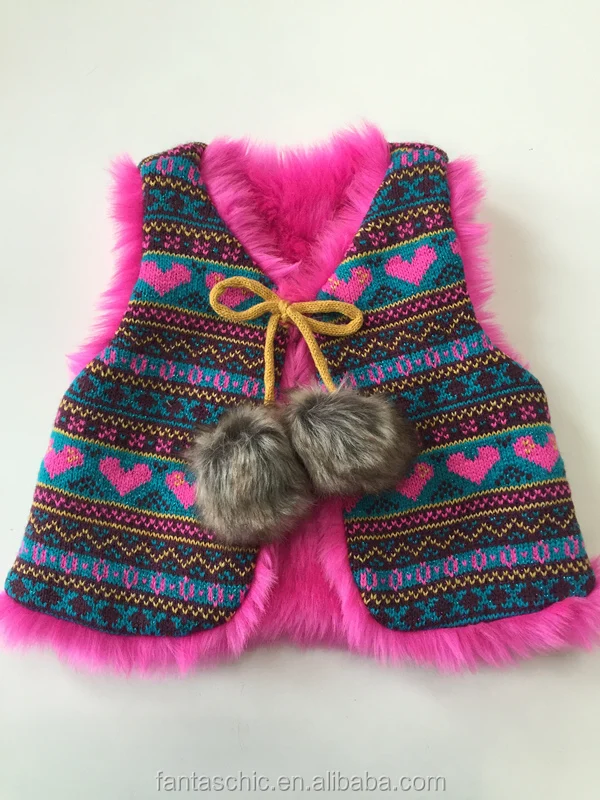 2016 hot sale children acrylic heart jacquard vest with soft faux fur lining