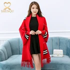 Winter fashion tassel batwing knitted poncho cape shawl with sleeves soft pashmina shawls and wraps
