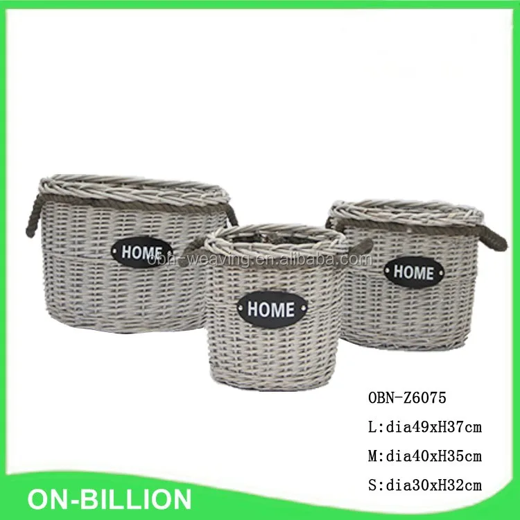 grey wicker round shape log storage basket with burlap liner