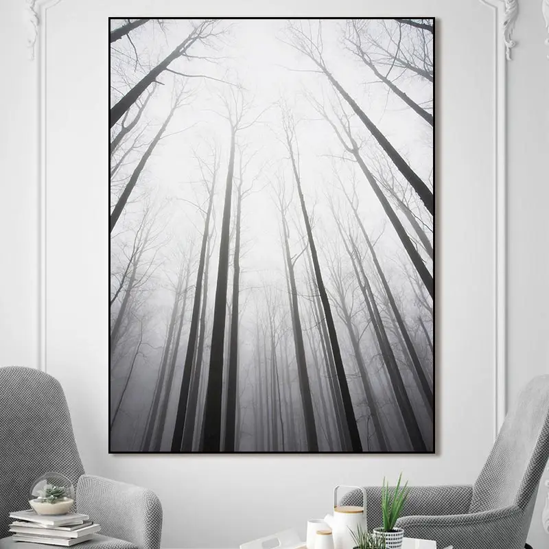 المشهد اللوحة شجرة الشمال مخصص الغابات قماش يطبع جدار اللوحة أبيض وأسود قماش اللوحة
