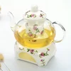 Floral Pattern Design Clear Glass Pot Ceramic Tea Set with Porcelain Warmer for Gift Selling
