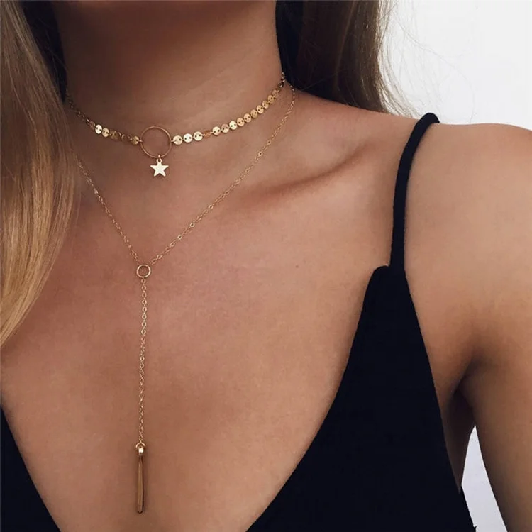 Fashion Alloy women multi layer star necklace gold choker necklace women, Gold color
Fashion Alloy women multi layer star necklace gold choker necklace women, Gold color