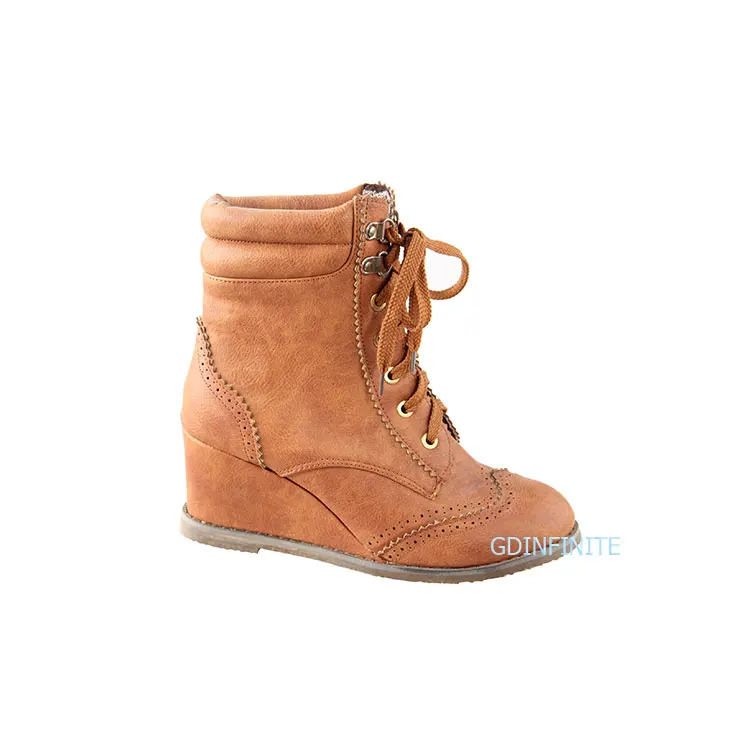 Fashion Ladies Leather Lace Up Tan Color Wedge Heel Ankle Boot