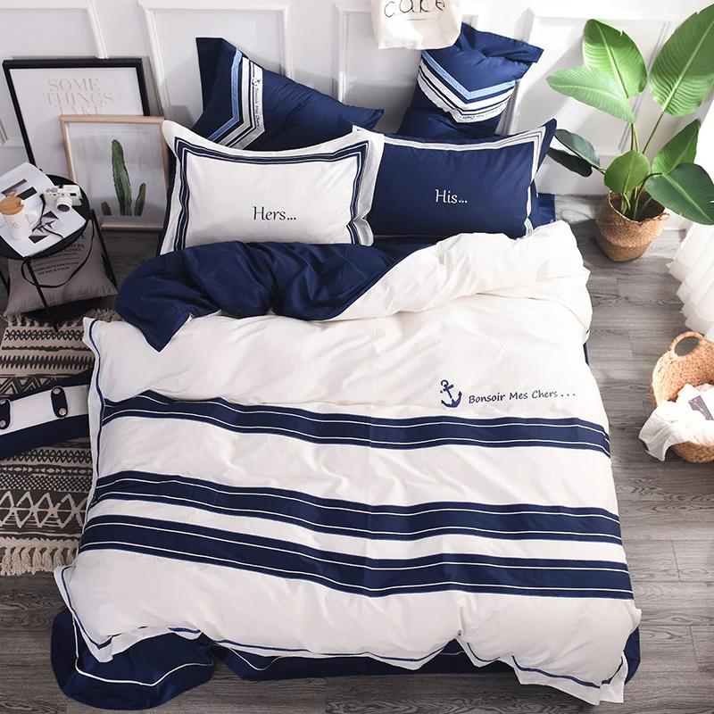 Blue Stripe Duvet Cover 4 7 Pcs Queen Size Set Of King Bed Linen