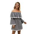 OEM ODM Custom Spring A Line Mini Gray Lace Ladies Ruffle Off Shoulder Sexy Short Plaid Dress Women