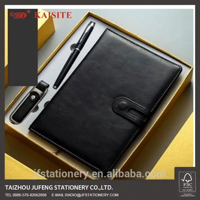 pu business set diary notebook and pen gift set with usb leather