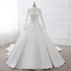 Luxury Beaded High Neck White gelinlik Ball Gown Muslim Long Sleeve Wedding Dress with Long Train
