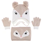 Adorable Fox Hat Gloves Scarf Set Warm Knit Baby Cotton Earflap Beanie and Scarves with Stretchy Kids Mitten