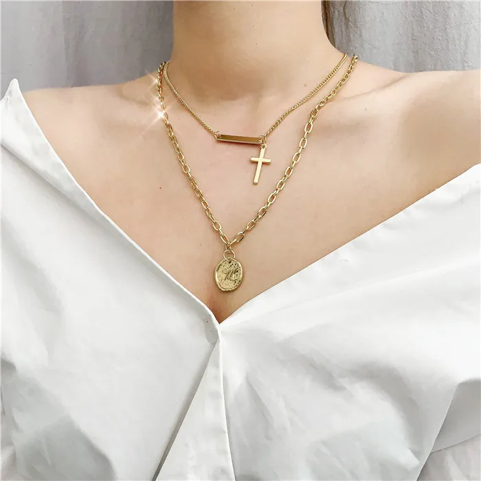 European America Cross Ring Circle Bar necklace Stack M Coin Multi layer Letters Hanging Clavicle chain jewelry female hisper, Picture
European America Cross Ring Circle Bar necklace Stack M Coin Multi layer Letters Hanging Clavicle chain jewelry female hisper, Picture