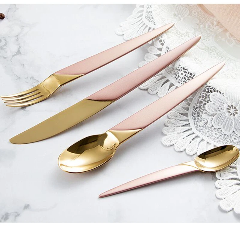 Portugal cutlery knife and fork spoon 304 stainless steel western tableware White handle golden pointed tail flatware sets
Portugal cutlery knife and fork spoon 304 stainless steel western tableware White handle golden pointed tail flatware sets