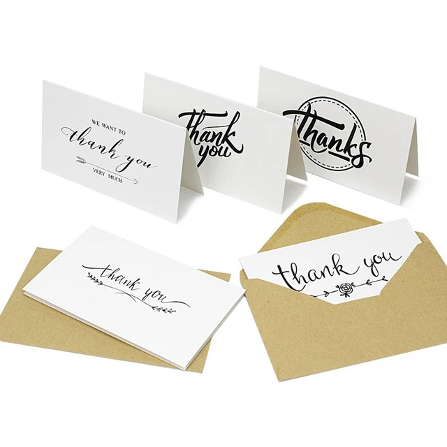white thank you note cards with 50 kraft envelopes per box for