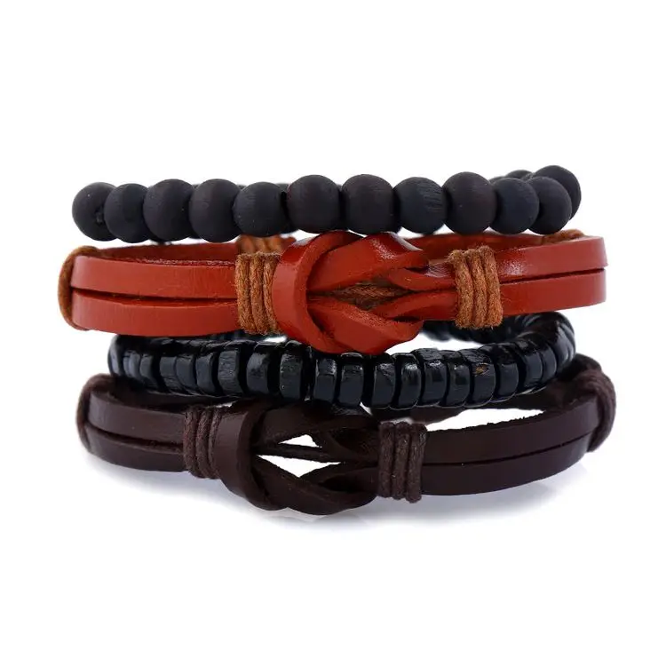 1 Set 4 Pcs Wholesale Clasp Leather Bracelet Unisex 4 Layer Binding Braided Leather Bracelet for Men